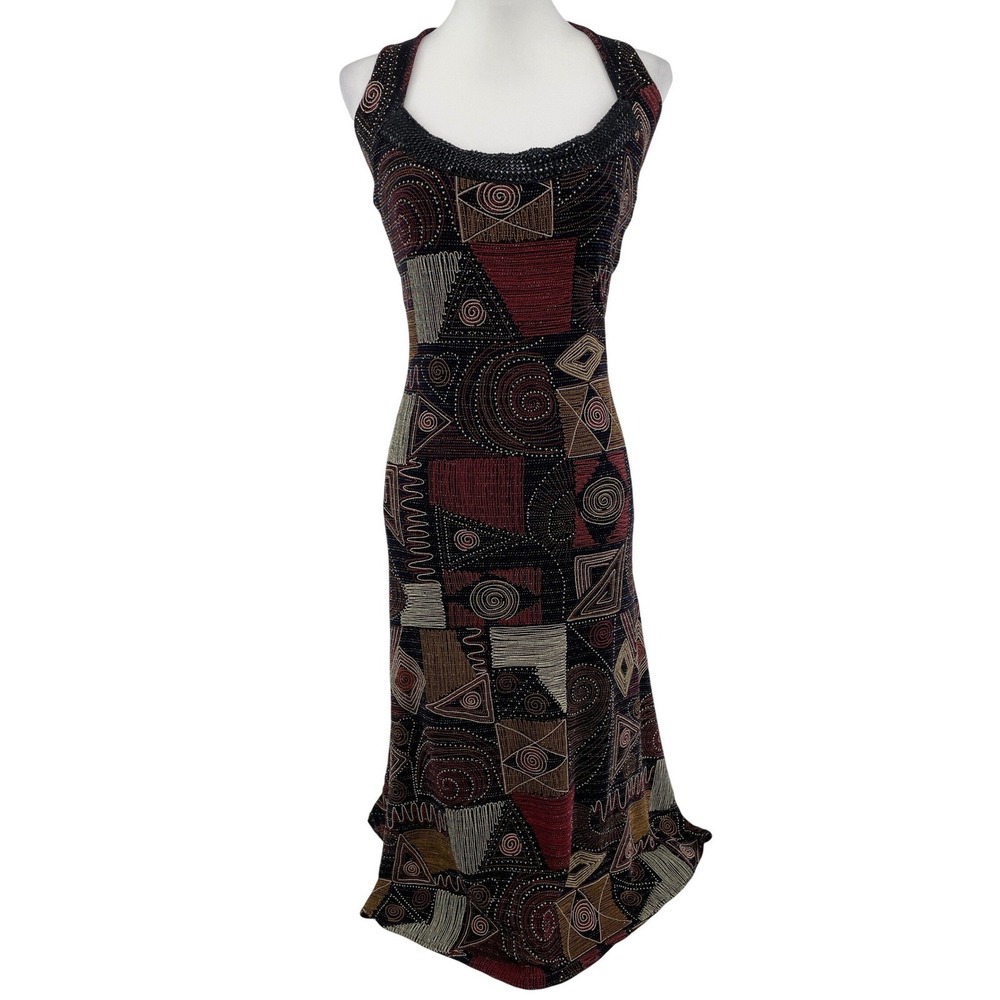 African Renaissance Beaded Maxi Dress Womens Medium Black Red Art to Wear Tribal